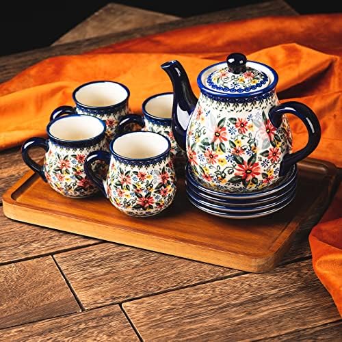 Полски во полски керамички керамички керамички чај од 10 парчиња чај од 10 парчиња, чаша чај од 7,2oz и сет сос од 4,28.2oz чајник и