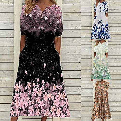 Firero летни фустани за жени 2023 година, копче за вратот половина ракав секси бохо цветни печатени плус фустан со големина со џебови