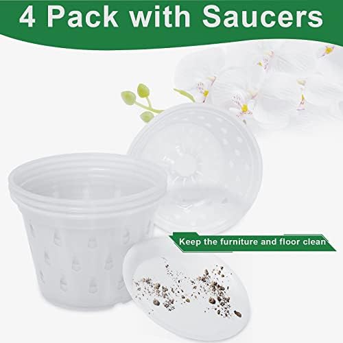 Kecio 4 пакувања со орхидеи садови со дупки и чинии, 7 инчи чисти пластични садови за орхидеи за повторување, пластично цветно