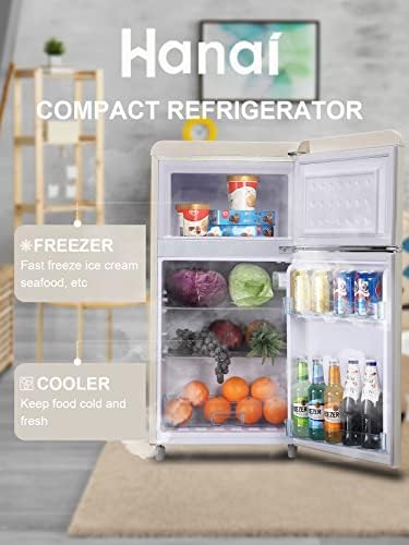 Компактен фрижидер Wanai 3.2 Cu.ft Ретро бел фрижидер со замрзнувач 2 врати за ладилница со 7 режими, отстранливи полици, LED