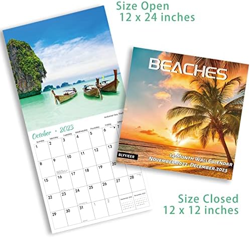 2023 Wallидни календарски плажи, 14 месеци календари за wallидови, ноември.2022-дек.2023, календари на плажа 2023, 12 x 24, густа сјајна