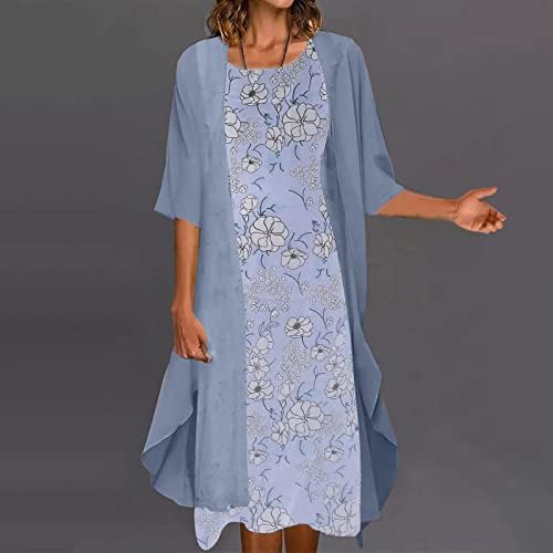 Rmxei женски обичен моден печатење O/вратот средна долга должина со две парчиња сет фустан