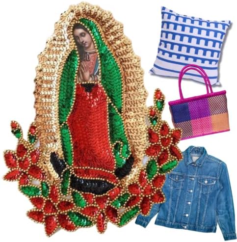 Virgen de Guadalupe Sequin Patch, нашата дама Гвадалупе, лепенка за шиење, везена лепенка црвена роза, Лејди Гвадалупе Црвена роза