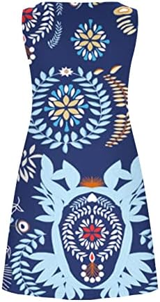 Lmудан жени летни фустани мода цветни печатени печатени резервоари за плажа, облечен во екипаж маички фустани со џебови