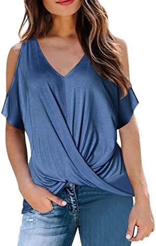 Блуза тинејџерки кратки ракави од рамо 2023 памук длабоко V вратот завиткан крос -салон блуза за блузи за жени мг