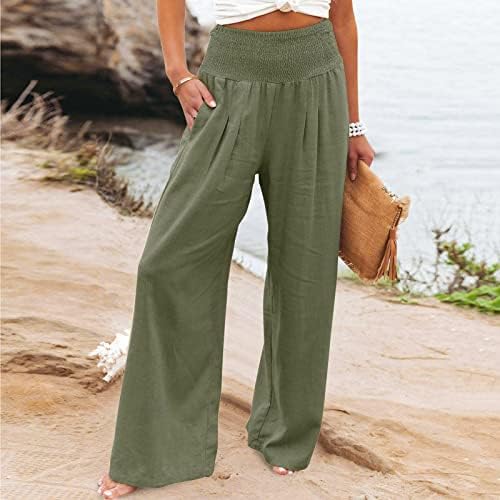 Женски памучни постелнини широки панталони за нозе обични летни високи половини пантацо панталони, баги салон карго плажа панталони
