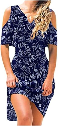 Женско ладно рамо фустан од туника 2023 летна цветна плажа обична бохо сандерс линија лабава фустан за замав со краток ракав