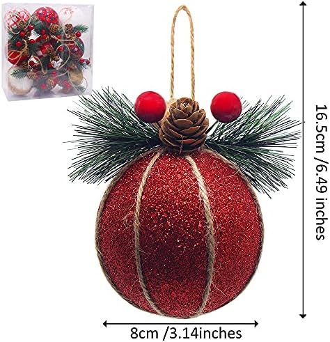 Божиќни украси за Божиќни топка од 9 парчиња елка што виси декора- 3 инчи ткаенини топчести украси со борови конуси и зеленило за Божиќни украси