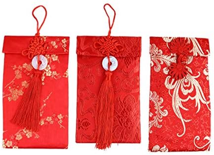 Нуобести Свадбени Пликови 3 ПАРЧИЊА Свилен Црвен Плик Брокат Традиционално Богатство Црвени Брокатни Торбички Пликови За Подароци