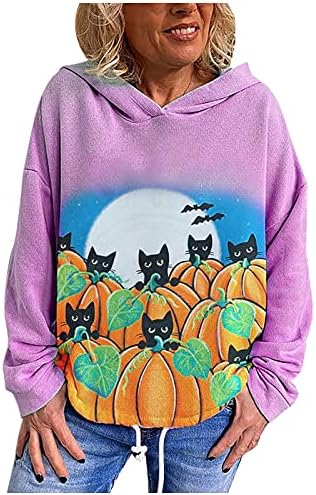 Пуловер со Качулка за ноќта на вештерките За Жени Лабава Симпатична Тиква Мачка Графички Врвови Секојдневен Дневен Качулка Блуза