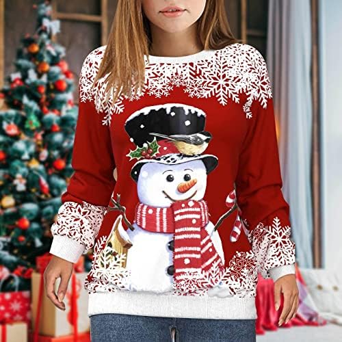 Нокмопо Божиќни кошули за жени Pullover Top Snowman Print Casual Sports 3D Active Active Streetwear Bluze