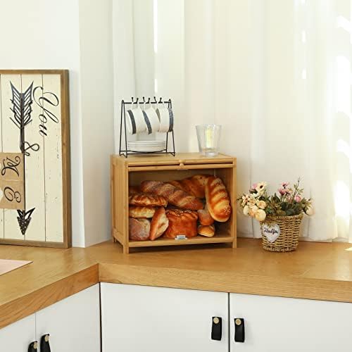 Голема Кутија За Леб Од Бамбус За Кујнска Плоча Повисока Корпа За Складирање Леб со Јасен Прозорец &засилувач; Мазна Скриена Врата
