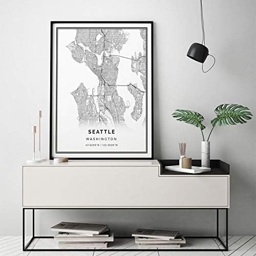 Печатење на постер на мапи на Square Seattle | Современа црно -бела wallидна уметност | Скандинавски домашен декор | Градскиот град во Вашингтон