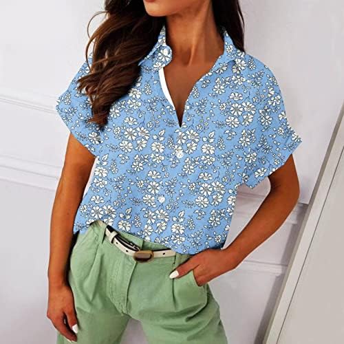 Блузи за жени 2023 летен јака од кратки ракави со кратки ракави на врвови модни цветни печати за секојдневно копче надолу кошули