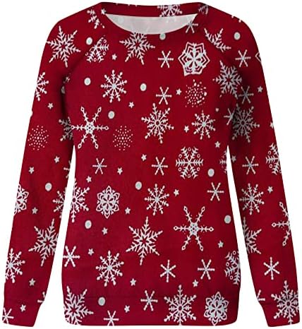 Xiaojmake женски божиќен џемпер симпатична снежна снежна земја xmas дрво графички кошули снегулка печати долг ракав зимски пулвер