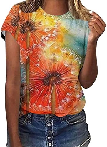 Zdfer цветни печати маици со краток ракав, тркалезен врат, пулвер, пулвер, маички маици женски случајни летни слатки врвови