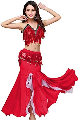 Orенски женски стомачен танц фустан за стомак култура на врвот градник и појас шифон танцувајќи сплит костум за здолништа 3 парчиња облека