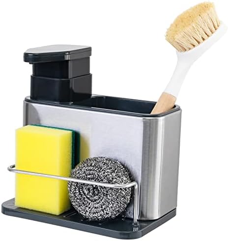Biarts Soap Dispenser за мијалник во кујната, држач за сунѓер 3-во-1 за кујнски мијалник, кади, не'рѓосувачки челик кујнски