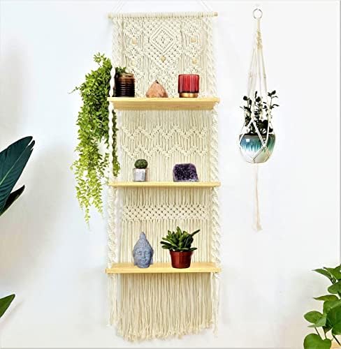 Macrame Wallид виси полица-идеална декор-Застание за складирање на книги-боемски декоративни полици-бохо лебдечки затворен полици-за спална соба