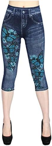Icodod жени хеланки тексас панталони пеперутки печати високи истегнати половини исечени панталони