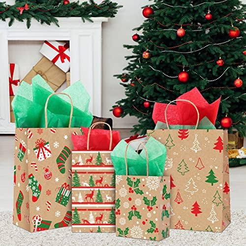 Коораби 24 Спакувајте Божиќна Крафт Торба Со Рачка 12 Стилови Божиќни Крафт Хартиени Кеси Третирајте Кеси За Бонбони со 30 Ткивна Хартија, 24