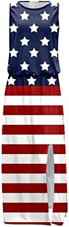 4 јули Фустани За Жени Американско Знаме Долг Макси Фустан Бохо Летен Шлиц Плажа На Екипажот Линија Сарафан Со Џеб