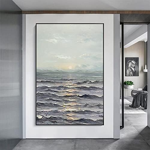 рачно насликано сликарство со масло-приморско изгрејсонце, ветер од ваби-саби, црно-бела сива трпезарија дневна соба заил.