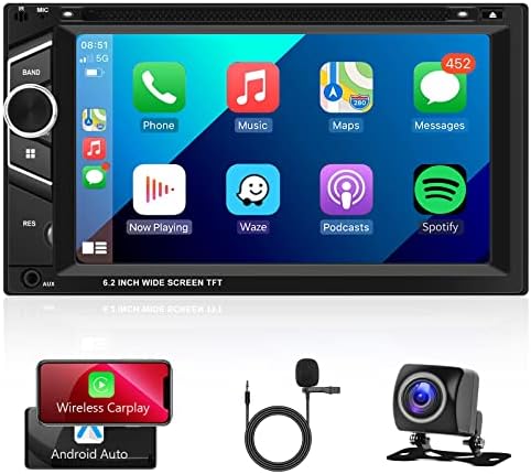 Двоен DIN Car Stereo компатибилен со Apple CarPlay Android Auto Multimedia Player 6,2 инчен екран на допир со допир на допир со допир на екранот