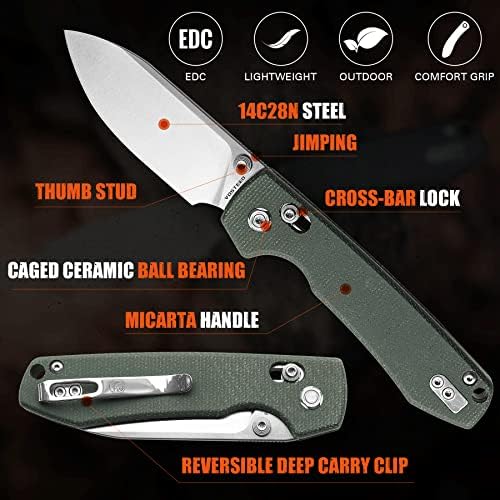 Vosteed EDC нож, лесен преклопен џеб нож со клип за мажи и жени, остар нож за заклучување на лентата со 3,25 Sandvik 14C28N челично сечило,