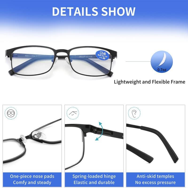 АИКЛИ Очила За Читање За Мажи - 3 Пакет Сино Светло Блокирање На Машки Метални Читачи