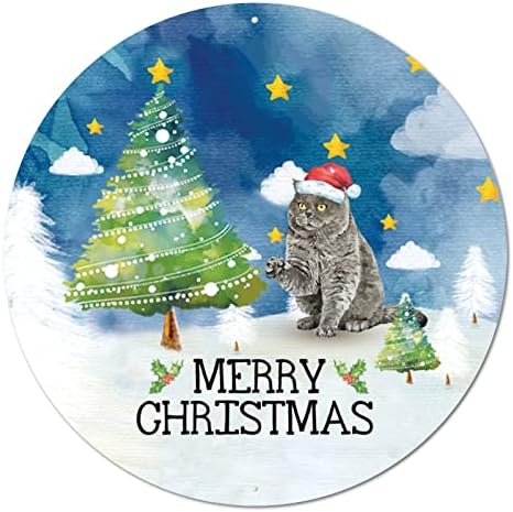 Тркалезен метален калај знак Среќен Божиќен снег и миленичиња Божиќен венец знак Метал Уметнички отпечатоци Возладена врата дома знак плакета