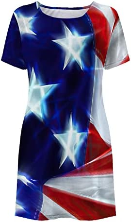 Womenените 2023 летни мини фустани Обични кратки ракави екипа на вратот патриотски фустан Американски фустан со маица со знаме со