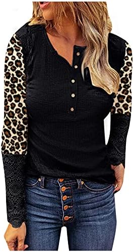 PMMQRRKUU женски леопард во боја на бојата на кошулата надолу надолу со кошули од Хенли Ребреста плетена боја на блузи во боја,