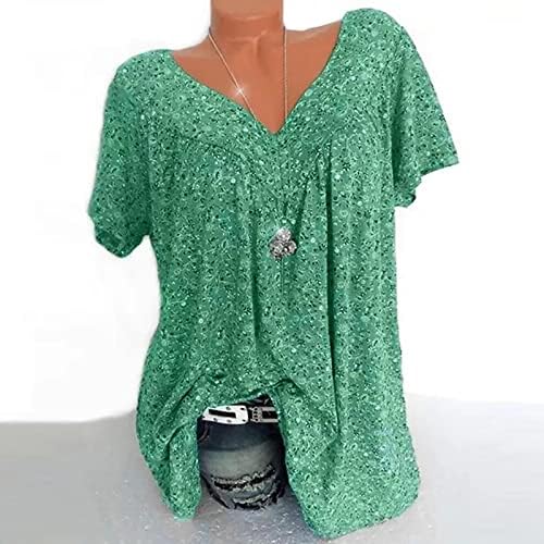 Women'sенски плус големина врвови со долги ракави v врат блузи проток на лабаво копче лето цветно печатење врвови со џеб со џеб