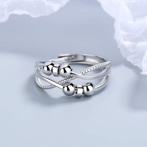 Asgift 925 Стерлинг сребрен анти -вознемиреност прстен за жени прилагодлив фидгет прстени со вртински мониста, осиромашен стрес олеснување