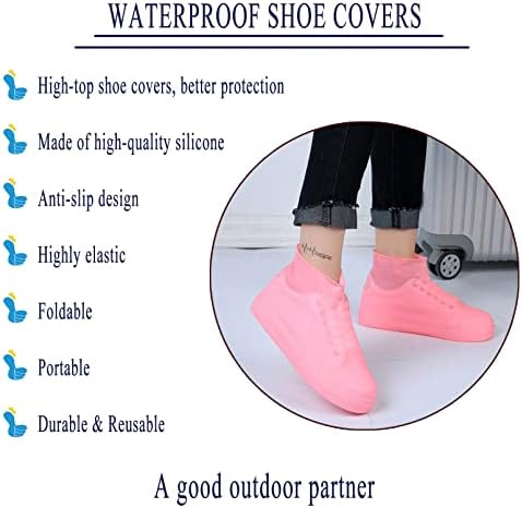 Водоотпорни капаци на чевли, не-лизгачки силиконски гума на отворено чевли за дожд и снежни за деца, мажи, жени- големи розови