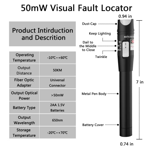 Локатор за визуелни дефекти на влакна 50MW со комплет за адаптер FC/LC и опсег од 50 км, вклучува единечен режим 9/125UM FC машки