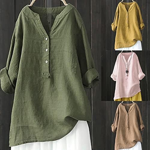 Женски памучни постелнина кошули плус копче со големина нагоре во случајни блузи 2023 лето V вратот долг/кратки ракави врвови
