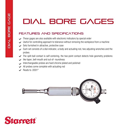 Starrett 82 Dial Bore Gage со винил - челичен случај и контакти со сплит топка - .217 -.594 опсег, .0001 дипломирања - 82Bz