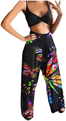 Женски бохо облеки-лежи-дама боемска пеперутка печатена шема за градник на градник на камизола на врвови + панталони со долги широки нозе