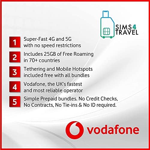 Sims4travel Припејд VODAFONE SIM Картичка Претходно натоварена СО 25gb Од 4g/5G Податоци за употреба во 70+ Земји Ширум Светот . Без Обврски,