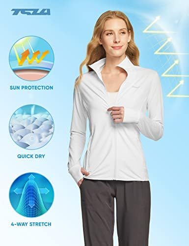 TSLA Women'sенска УВ заштита од надворешна кошула, лесни кошули за тренингот со долги ракави врвни, целосна поштенска кошула со џебови
