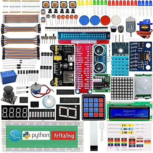 Adeept Ultimate Starter комплет за Raspberry Pi 4 3 2 Model B B+ Python C Code, LED диоди, сензори, ADXL345 GPIO кабел DC Motor Learn