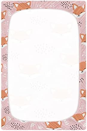 Kicpoay опремени чаршафи за креветчиња розови смешни лисици истегнат преносни листови за игра за бебиња, дишејќи мек душек мини за