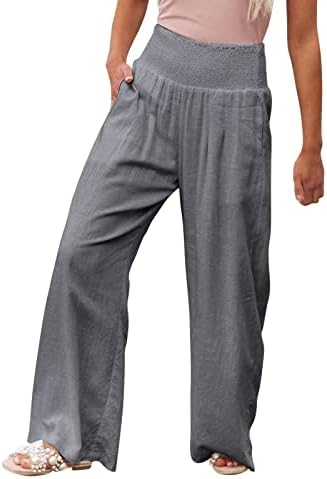 Женски памучни постелнини широки панталони за нозе чиста боја еластична руширана висока половината широки панталони со џебови лабави