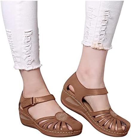 Затворени сандали за пети за жени облечени летни ортотични сандали, женски исечени клин платформа сандали удобни шупливи обични