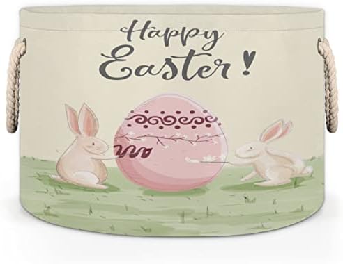 Среќни Велигденски смешни зајаци големи тркалезни корпи за корпи за перење алишта со рачки ќебе корпа за складирање за полици за бања