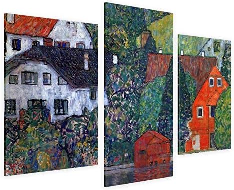 АЛОНЛИН АРТ - Куќи на Унтерах 3 делови од Густав Климт | Рамка за истегнување на платно на подготвена рамка за виси - памук
