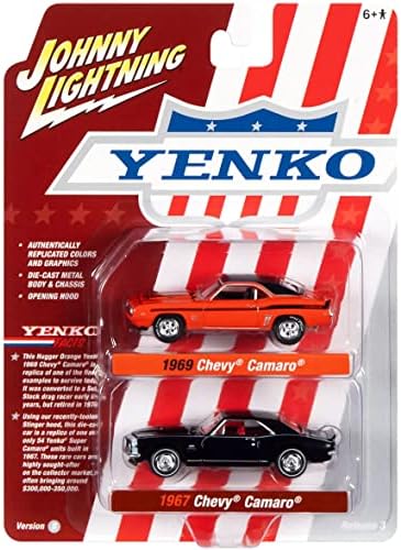 1969 Chevy Камаро Hugger Портокал w/Црна Врвот &засилувач; 1967 Камаро Црна Yenko Сет на 2 Автомобили 1/64 Diecast Модел Автомобили