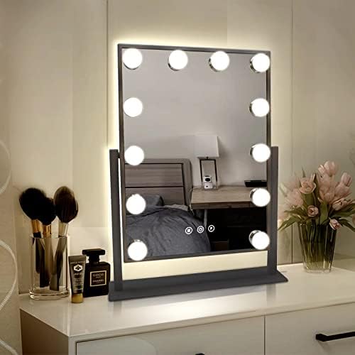 Огледало за шминка во Холивуд со светла, големо осветлено огледало на суета со 3 светло во боја и 12 затемнети LED светилки, паметен осветлен